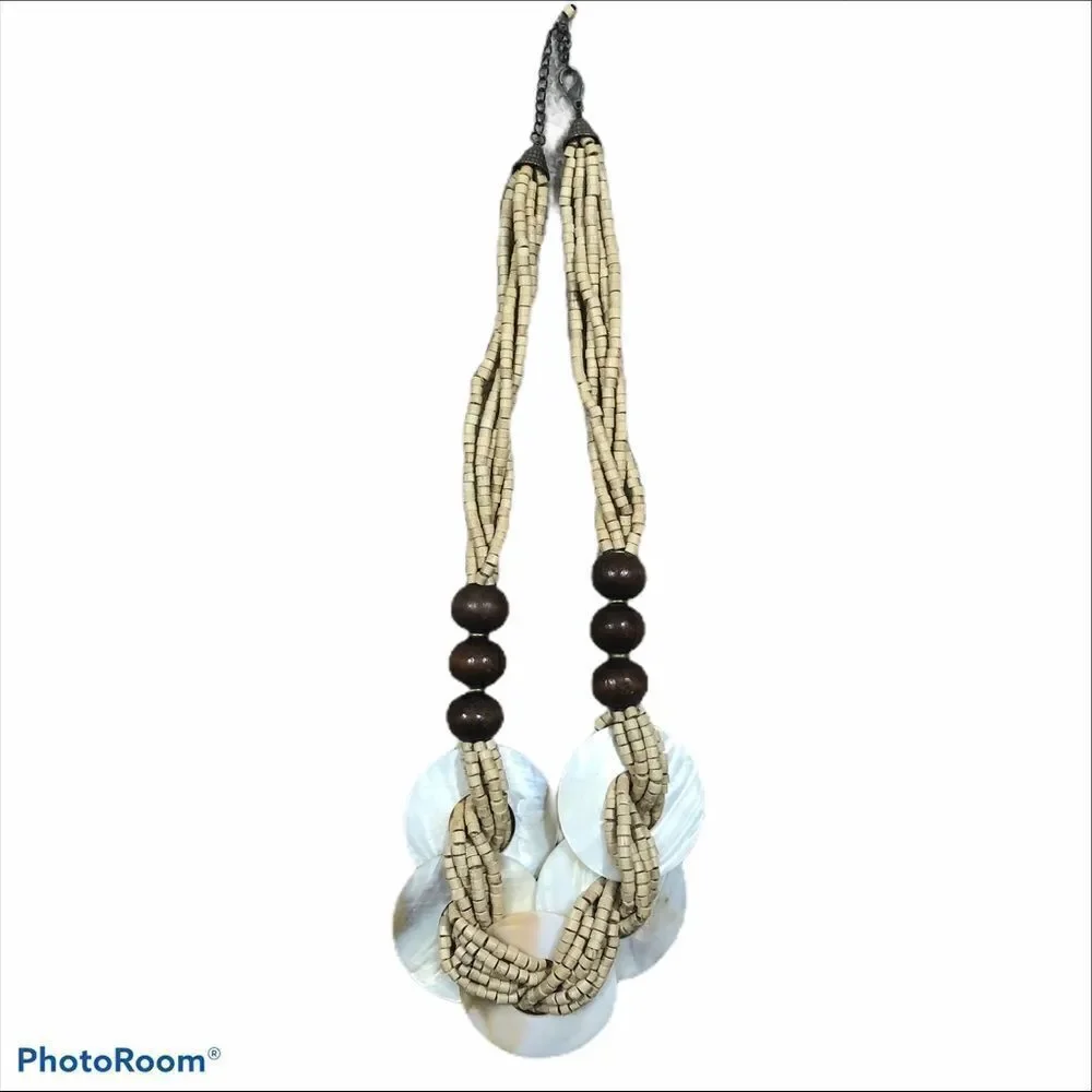 Natural Wooden and Shell Bead‎ Necklace 25” Long